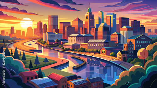 Very beautiful aerial sunset panorama showcasing a glowing urban skyline above a winding river, with warm evening light illuminating the harmonious blend of modern and historic architecture across the