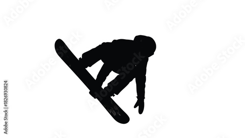 Black silhouette of a snowboarder performing an aerial trick grab with stylized flame graphic on board, extreme winter sport action, flat vector sticker design, isolated on white background