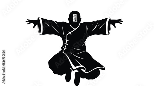 Black Silhouette of Shaolin Monk in Kung Fu Stance with Chinese Characters for Virtue and Fortune on Forehead, Vector Art Sticker Design, isolated on white background
