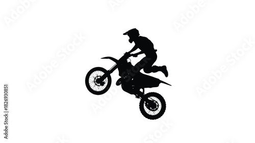 Motocross rider silhouette performing a mid-air jump trick on a dirt bike, extreme sports action graphic, flat vector sticker design, isolated on white background