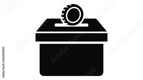 Black silhouette of a donation box with a coin dropping in, symbolizing charity, giving, support, and contribution.
