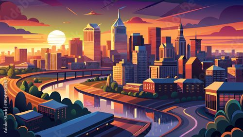 Very beautiful aerial sunset panorama showcasing a glowing urban skyline above a winding river, with warm evening light illuminating the harmonious blend of modern and historic architecture across the