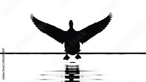 Black silhouette of a goose or duck landing on water with wide spread wings, high contrast graphic design, minimalist vector art, isolated on white background