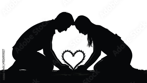 Silhouette of a couple kneeling facing each other with foreheads touching, creating a heart shape from thorny branches, romantic vector art, isolated on white background