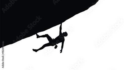 Silhouette of male rock climber hanging from an overhang rock formation, dynamic extreme sport action, minimalist black and white vector art, extreme challenge concept, isolated on white background