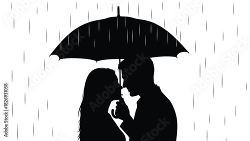 Romantic couple silhouette sharing a black umbrella under heavy rain, intimate moment of love and protection, simple vector art design, isolated on white background