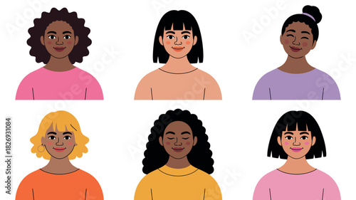 A diverse group of six women is depicted in a stylized, illustrative portrait showcasing various hairstyles, skin tones, and facial expressions against a clean white background.