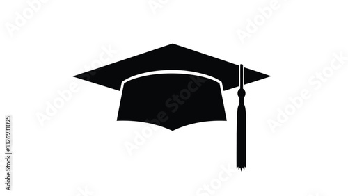 Simple black silhouette of a square academic graduation cap with tassel, symbol of university degree achievement, clean flat vector icon design, isolated on white background