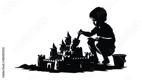 Silhouette of young boy crouching and building elaborate sandcastle with shovel and bucket, childhood summer fun, clean vector art, stencil design, isolated on white background