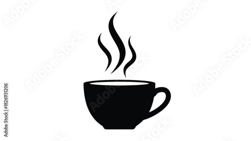 Black silhouette of a steaming hot coffee or tea cup with rising wavy vapor, simple minimalist icon design, flat vector art, isolated on white background