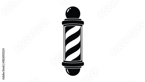 Classic black and white barber pole icon with swirling stripes and top sphere, simple graphic symbol for hair salon service, flat vector art, logo design, isolated on white background