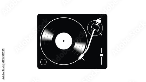 Minimalist black and white vector icon of a spinning vinyl record on a turntable with tonearm, perfect for music production and DJ concepts, flat style, isolated on white background