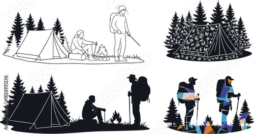 Collection of diverse camping and hiking illustrations featuring tents, campfire, and trekkers in a forest wilderness, symbolizing outdoor adventure and exploration