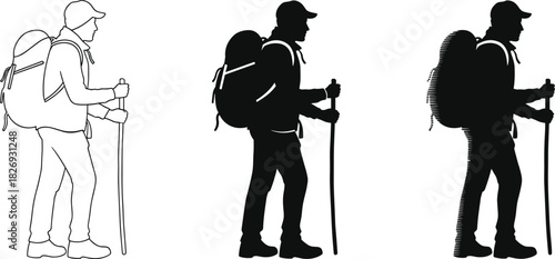 Backpacker Hiker Silhouette Outline Icon Set with Backpack and Trekking Pole for Hiking, Camping, Travel, and Outdoor Adventure Activity