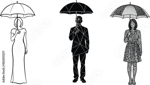 Elegant People Silhouettes with Umbrellas Stylish Man and Women Holding Umbrellas in Various Artistic Line and Geometric Black and White Vector Graphic Styles