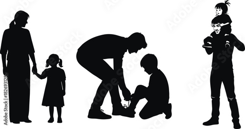 Family Silhouettes Vector Set Parents and Children Spending Quality Time Together, Including Mother, Father, Son, and Daughter in Different Poses