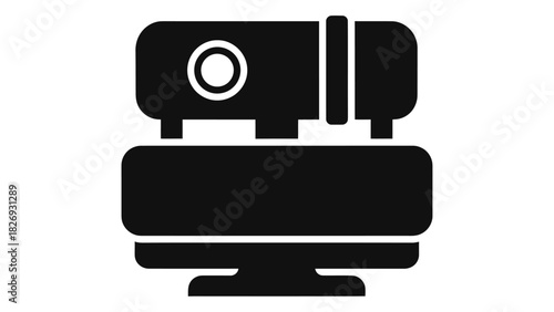Digital icon featuring a multimedia projector device positioned above a desktop monitor displaying the clear text 'reser