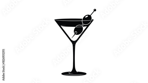 Classic Martini cocktail glass silhouette garnished with two olives on a pick, simple black and white vector art for bar menu or logo design, isolated on white background