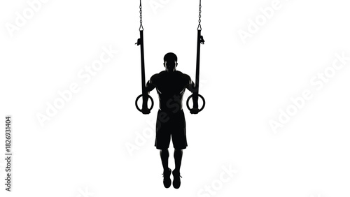 Muscular male athlete silhouette performing strength exercise on gymnastic rings, intense workout concept, clean vector art, fitness logo design, isolated on white background