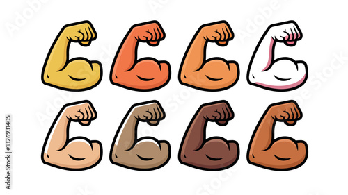 A collection of illustrated flexed biceps showcasing a diverse range of skin tones and representing strength and health.