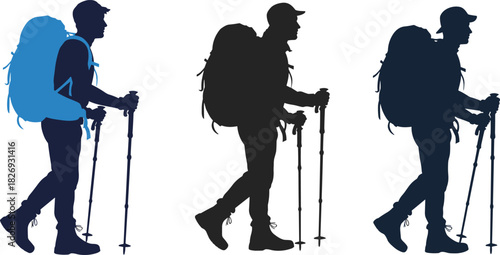 Strong SEO Title: Silhouette of an adventurous male hiker with a backpack and trekking poles, walking on a wilderness trail, symbolizing travel, expedition, and outdoor exploration