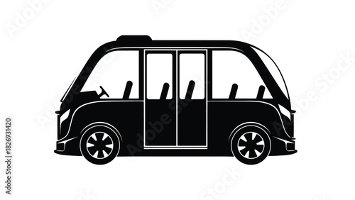 Modern passenger minivan or shuttle bus side view silhouette, clean transportation icon design, simple black and white vector art, isolated on white background