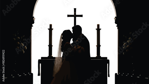 Silhouette of Bride and Groom kissing passionately in church altar setting with cross and candles, romantic wedding moment, high contrast vector art, isolated on white background
