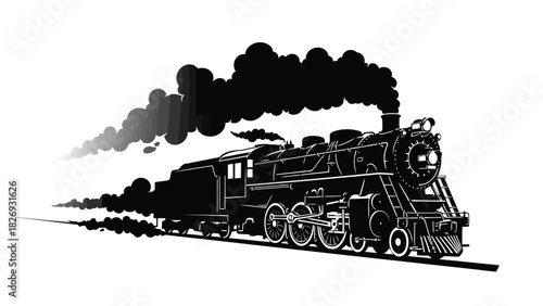 Powerful vintage steam locomotive train moving forward emitting thick black smoke, detailed silhouette vector art, transportation concept, isolated on white background