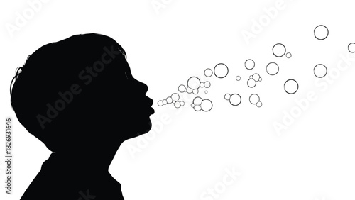 Silhouette profile of a young child blowing a stream of soap bubbles, simple graphic representation of play and childhood joy, flat vector art, isolated on white background