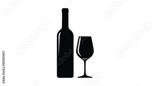 Black silhouette of a classic wine bottle standing next to a stemmed wine glass, simple minimalist icon design, flat vector art, isolated on white background