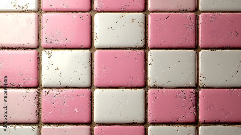 Fototapeta premium Pink and White Square Tiles Background with Distressed Texture for Modern Interiors