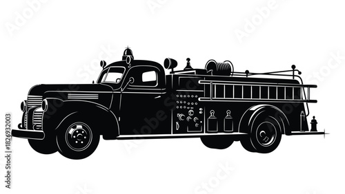 Vintage black and white silhouette of an antique fire truck with ladder and hose reel, classic emergency vehicle side view, clean vector art logo design, isolated on white background