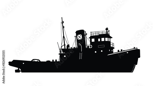 Black silhouette of a sturdy, classic tugboat or fishing vessel with detailed superstructure and mast, clean vector art graphic design, isolated on white background