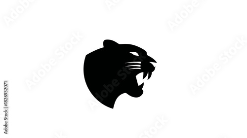 Dynamic black silhouette of a fierce big cat head, snarling and roaring, isolated vector graphic element on white background.