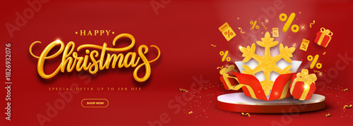 Happy Christmas Promotion With Golden Script Typography, Gifts, Snowflake, And Red Stage Display