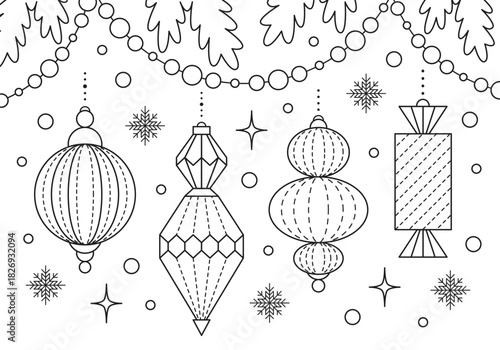 Coloring page with Christmas decorations for kids. Tracing contours, Tracing and worksheet for practicing motor skills. Vector illustration