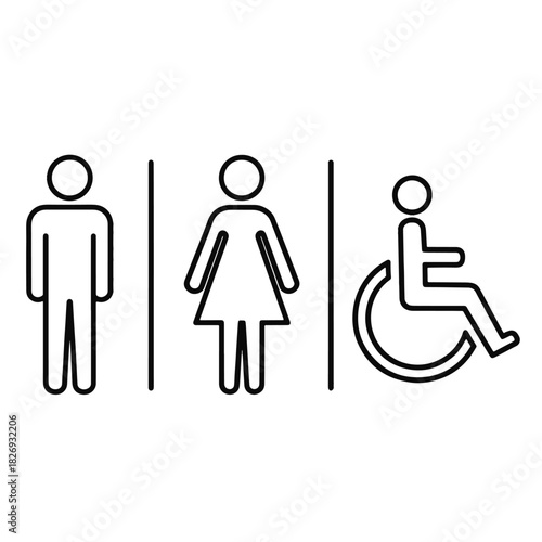 Male female and wheelchair accessible restroom icons on white background toilet lavatory
