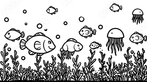 Hand-drawn underwater world illustration with cute swimming fish, jellyfish, and seaweed. Black and white ocean marine life doodle art.