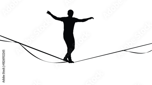 Silhouette of man balancing on a slackline with arms outstretched for stability, extreme sport concept, clean vector art, graphic design element, isolated on white background