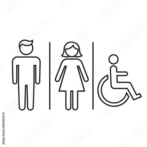 Male female and wheelchair accessible restroom icons on white background vector