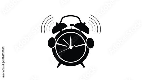 Loud ringing alarm clock icon in black silhouette, showing time with vibrating sound waves, simple flat vector graphic for wake up concept, isolated on white background