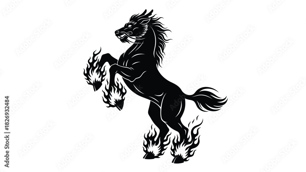 custom made wallpaper toronto digitalBlack rearing stallion horse silhouette with intense flames on hooves and mane, powerful heraldic emblem, dark fantasy vector art, logo design, isolated on white background