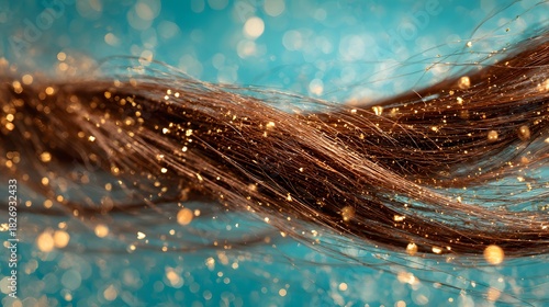 Stream of rich brown hair strands adorned with golden sparkling particles floats against a vibrant blue backdrop