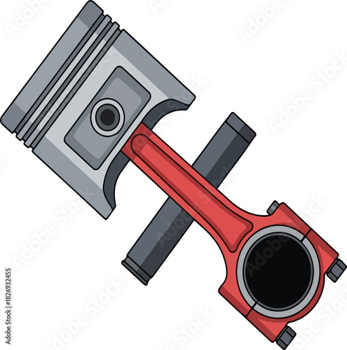 Illustration of a piston, connecting rod, and wrist pin, components of an internal combustion engine, presented diagonally.