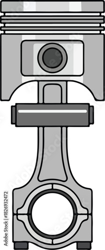 Illustration of a piston and connecting rod assembly, engine component, in grey tones.