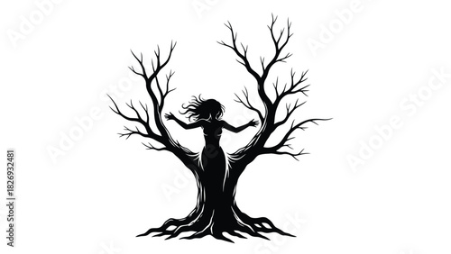 Black silhouette of a woman merging into a leafless tree trunk with spreading roots and bare branches, dark fantasy vector illustration, isolated on white background