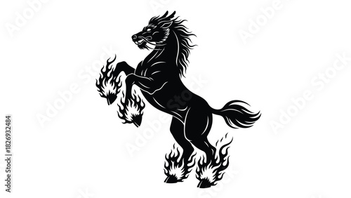Black rearing stallion horse silhouette with intense flames on hooves and mane, powerful heraldic emblem, dark fantasy vector art, logo design, isolated on white background