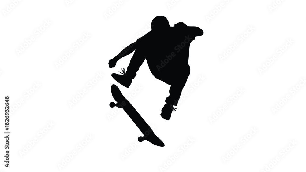 Fototapeta premium Black silhouette of a skateboarder jumping high performing a trick with board in mid-air, extreme sport concept, vector art, isolated on white background