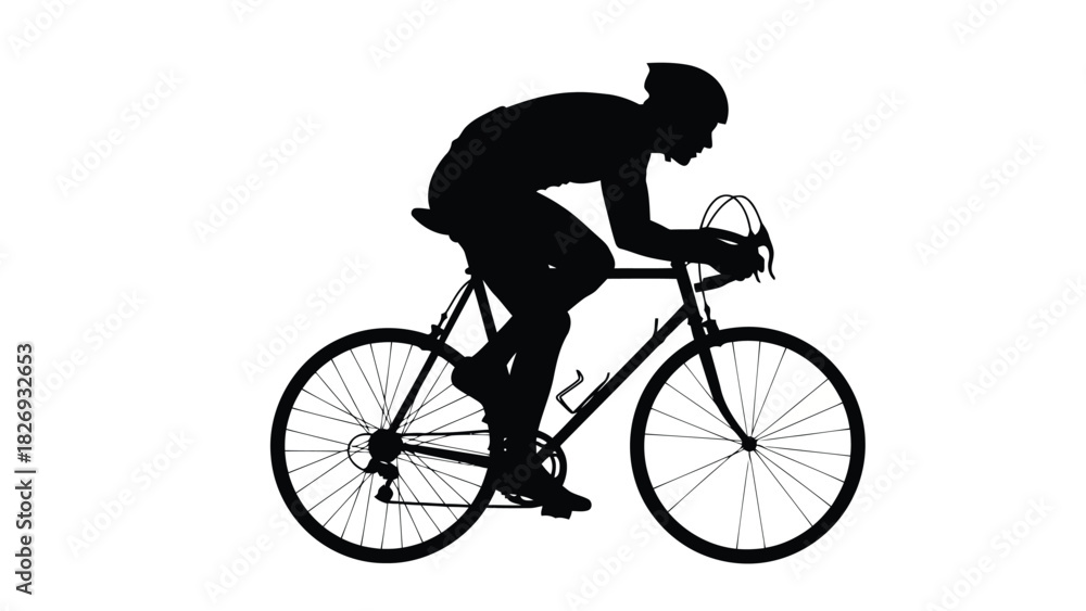 Obraz premium Detailed black silhouette of a male cyclist wearing a helmet and riding a road bike in a fast racing pose, flat vector art, isolated on white background