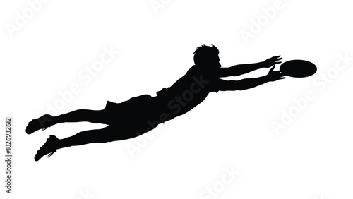 Black silhouette of a male rugby player diving horizontally to catch the ball during a match, sports action concept, flat vector design, isolated on white background